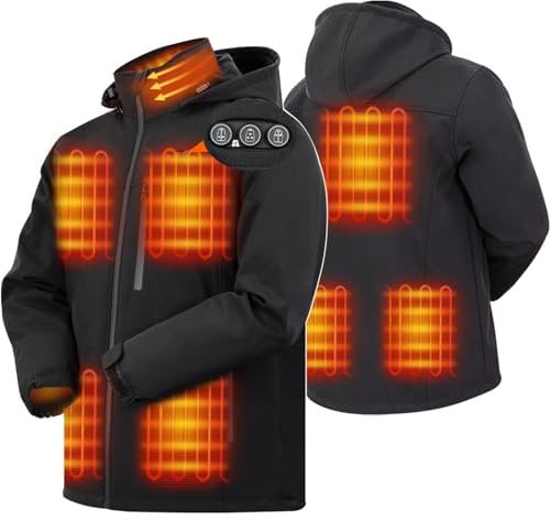 ARRIS Heated Jacket for Men, Electric Heating Warm Coat with 7.4V Rechargeable Battery/8 Heating Areas/Detachable Hood for Winter Use Black M