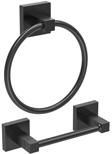 Ruacq Matte Black Toilet Paper Holder Towel Ring Bathroom Accessories Hardware Set Double Post Pivoting Toilet Roll Holder Square Stainless Steel and Zinc Alloy Modern Wall Mounted 2 Pieces