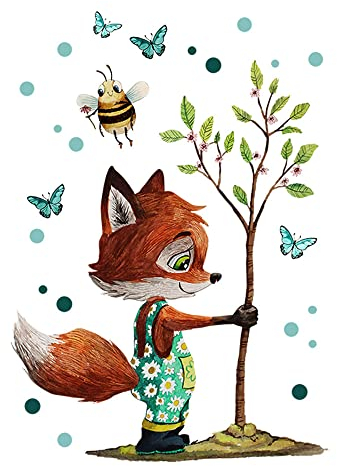 Bügelbilder Fuchs pflanzt Baum mit Biene Set in A5 Applikation Kissen Shirt Taschen Bügelbild Bügelmotiv Patch Aufbügelbilder bb216 ilka parey wandtattoo-welt®