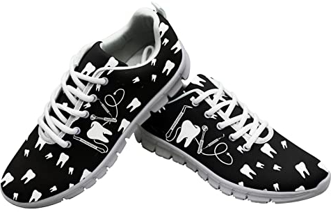 Dolyues Zahnärztliche Werkzeuge Schwarz Drucken Damen Laufschuhe Lässige Atmungsaktive Mütze zum Schnüren Sport Sportlich Joggen Turnschuhe 38 EU
