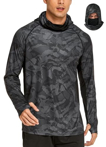 COOrun Men's Hooded Fishing Shirts UPF 50+ Long Sleeve Hoodie with Mask Lightweight Rash Guard for Men Camo SPF UV Sun Shirt