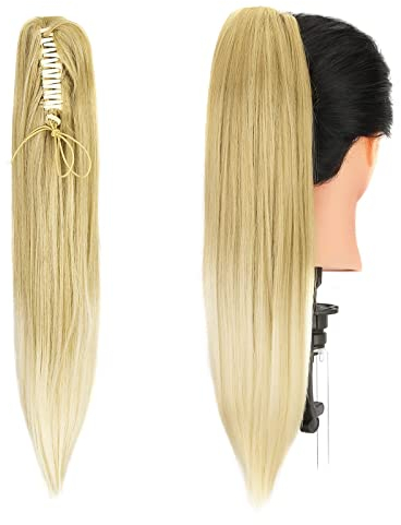 Gairyan Ponytail Extensions 54cm Claw on Pferdeschwanz Haarteil Klammer Clip in Extensions Zopf Gerade Glatt Lang Haarteil Zopf Synthetik Haar Haarverlängerung für Frauen (Dunkelblond T Bleichblond)