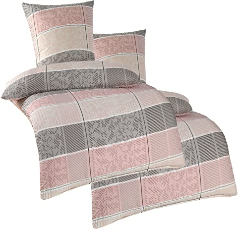 KH-Haushaltshandel 4-TLG. Seersucker Bettwäsche 2X 135x200 +80x80cm, Rose grau Streifen Karo, bügelfrei, Microfaser (W400910)