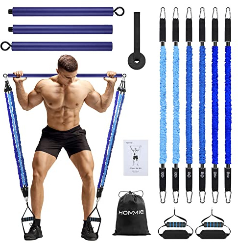 Hommie Pilates Bar Kit mit Widerstandsbänder, 3 Stück Stick Squat Yoga Pilates Resistance Bands 20, 40, 60 Lbs (9, 18, 27 kg) mit Griffe, Türanker & Fußschlaufen für Pilates Krafttraining