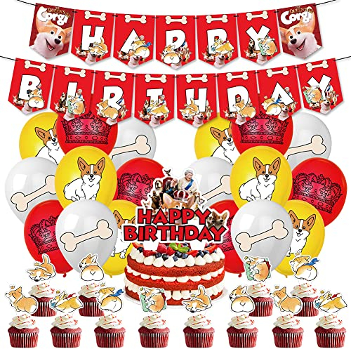 VMOTA 32 Pcs The Queen's Corgi Geburtstags Dekorationen Hunde Partyzubehör Cake Topper Corgi Luftballons Geburtstag Banner Party Dekoration Ballons für Kinder Birthday Dekoration
