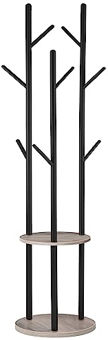 HOOBRO Garderobenständer, Freistehender Kleiderständer, Garderobe in Baumform mit 8 Haken, 2 Runde Ablagen, für Kleidung, Hut, Tasche, Wohnzimmer, Schlafzimmer, Büro, Greige-Schwarz EBG33YM01