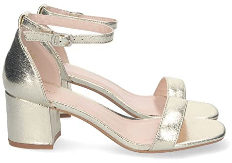 shoes&blues.es 74347-Sandalia de Tacon para Mujer, Comoda, con Pala Fina Simple, Estilo Ankle Strap, y Cierre de Hebilla. Talla 39 Oro