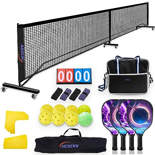 Kit de Pickleball avec Filet Portable sur Roues, 4 Raquettes, 8 Balles, Tableau d'Affichage, 4 Bandes de Préhension, Marquage de Terrain, Sac Marin