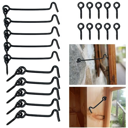 KITERI 10 Pcs Cabin Hook and Eye Latch, 2.5''/4'' Door Latch Black Gate Hook Lock Metal Door Hook Latch Catch Silent Holder Garden Gate Latch with Screws for Door Gate Window Closet Shed