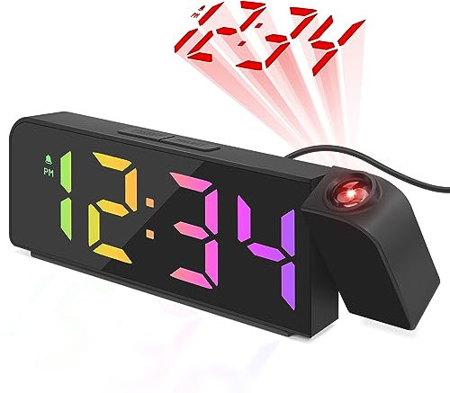 Luckits Projection Alarm Clock, Led Digital Alarm Clock with Projection on Ceiling with 180° Rotatable Projector USB Cable 3-Levels Bright Dimmer Temperature Date Snooze 12/24H for Bedroom (Black)