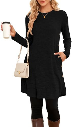 NARRAME Damen-Pullover-Kleider, Winter, langärmelig, Kausale Knöpfe, seitliche Kleider für Damen, elegant, mit Taschen, klein, Schwarz