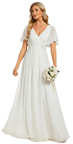 Ever-Pretty Women's Chiffon V Neck Short Sleeves Appliques White Bridesmaid Dressses Cream 16UK