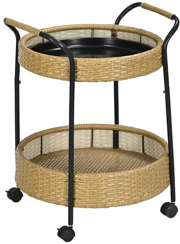 Outsunny Servierwagen Rattan Trolley mit 2 Regalen, Gartenrollwagen, Runde Küchenwagen mit Griffen, Outdoor Barwagen für Balkon, Stahlrahmen, Natur, Φ50 x 66 cm