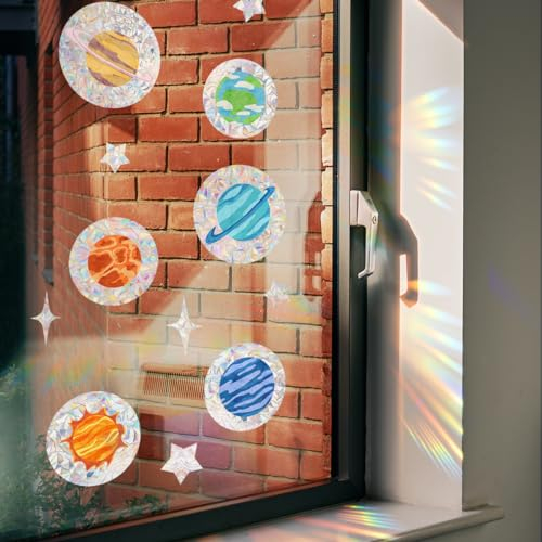 Fensterbilder Planeten Prisma Weltraum Fensteraufkleber Suncatcher Sticker Vogelschutz Regenbogen Prism Fenster Abziehbilder Vögel Anti Kollisions Aufkleber Sonnenfänger für Glasscheiben Fensterfolie