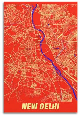 BPQN Vintage-Karten-Poster, Asien, Indien, Neu-Delhi, dekoratives Gemälde, Leinwand-Kunstbild, 30 x 45 cm