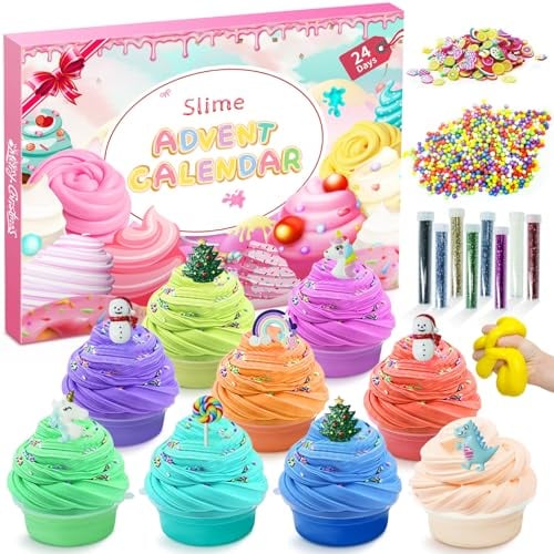Schleim Adventskalender 2024 für Kinder Jungen Mädchen,DIY Fluffy Crystal Slime Kinder Weihnachten Adventskalender 24 Tage Countdown Adventskalender,Weihnachten Überraschungen Geschenk mit DIY Schleim