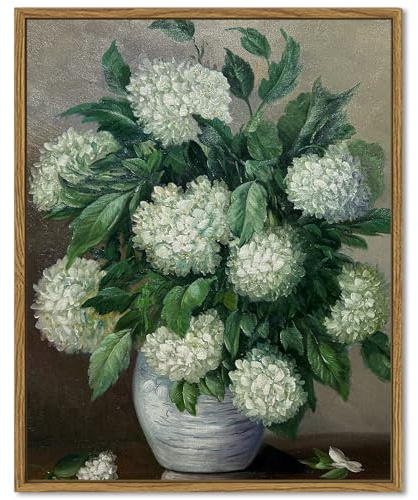 SHENIFY 27,9 x 35,6 cm Vintage weiße Hortensien, Leinwand-Kunst, Blume, klassische Wanddrucke, modernes Bauernhaus, Badezimmer, Büro, Küche, Dekor – natürlich gerahmt