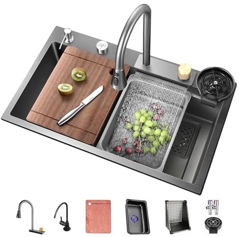 Fregadero De Acero Inoxidable Con Nanorrevestimiento Integrado - Grifo De Cascada Con Temperatura Ajustable - Gran Capacidad (75cm) - Accesorios Incluidos