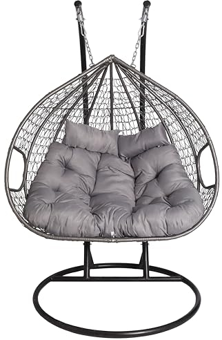 2mGoods Hängesessel mit Gestell für 2 Personen, Korbhängesessel Outdoor & Indoor, Hängekorb Sessel Outdoor Garten, mit Gestell und XXL Rückenkissen, Polyrattan Hängestuhl 2 Personen (Hellgrau)