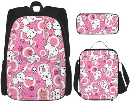 WURTON Rucksack mit Cartoon-Tier-Druck, 3-in-1-Büchertaschen-Set, Lunchbox, Federmäppchen, Reise-Laptop-Tagesrucksäcke