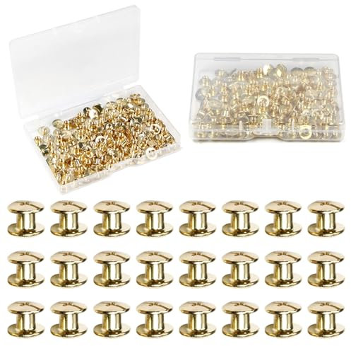 Juvielich 55 Sets 4mm Chicago Screws Post Binding Screw M5x4mm Carbon Steel Cross Head Screw 1/6 inch for DIY Repair Leather Craft Belt Bag Shoes Purse Bookbinding Screw Rivets Leather Kits Gold