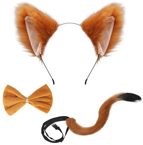 FUIPVGI 3 teiliges Fuchs Kostüm im Lieferumfang enthalten künstliche Fuchsohren,Fuchsschwanz, Fuchs-Krawatte für Erwachsene und Kinder,Verkleiden von Fuchs-Cosplay, Halloween-Kostüm (braun)