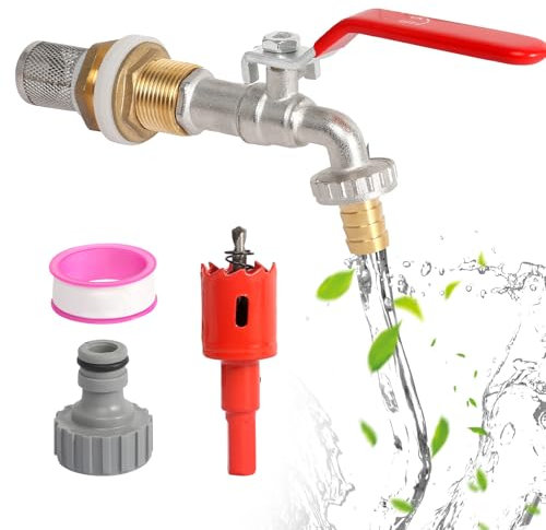 IBC Auslaufhahn 1/2 Zoll Kugelauslaufhahn S60x6 Kugel Auslaufventil Gartenschlauch Garten Wasserhahn mit Schlauchverschraubung+Filtersieb+Lochsäge für IBC Regenwassertank Container