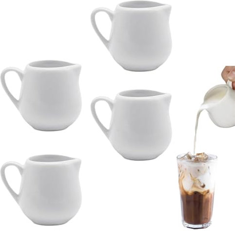 Big Porcelain Milk Jugs 4Pcs Milk Jugs with Handle 240ml / 8Oz White Ceramic Milk Jugs Sauce Jug Ceramic Milk Frothing Pitchers Milk Pouring Jug Non-Drip Spout, for Coffee Sauce Milk Creamer