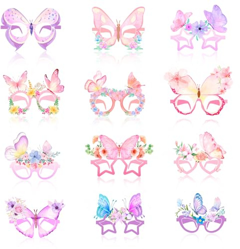 Kaxulvoblig Occhiali Farfalla Festa per Bambini - 36pcs Maschere di Carta a Tema Farfalla/Bicchieri con Motivo Bouquet di Fiori Adatti per Feste