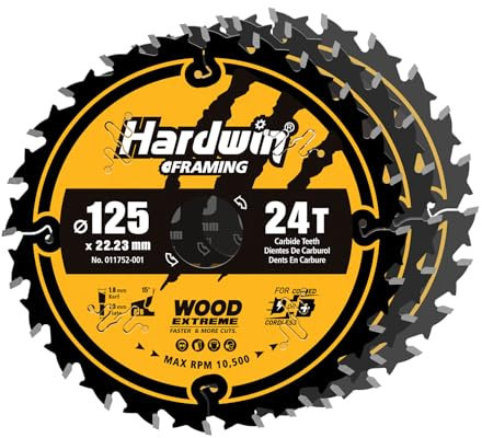 HARDWIN 125mm Sägeblatt 3 Stück für Winkelschleifer & Kreissägen (24Z ATB) – TCT Kreissägeblatt 22,23mm – Für Holz, MDF, Laminat, Sperrholz, Kunststoff