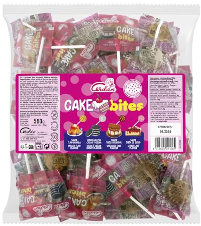 Caramelos Cerdán - Piruletas | Cake Bites -Sabores Tartas | Caramelo Duro con Palo Sin Gluten ni Alérgenos | Ideal para Fiestas, Eventos y Cumpleaños | Bolsa de 100 Unidades Aprox.