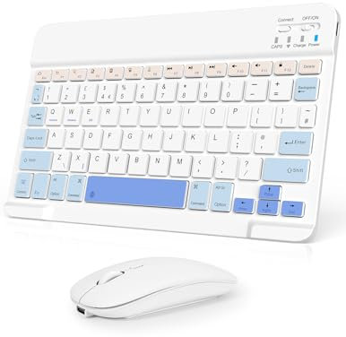 Nsyee Bluetooth Keyboard and Mouse, Universal Compact Wireless Keyboards, Rechargeable Portable for iPad/Samsung/Tablet/iOS/Android/Windows, UK Layout (White&Blue, Keyboard and Mouse)