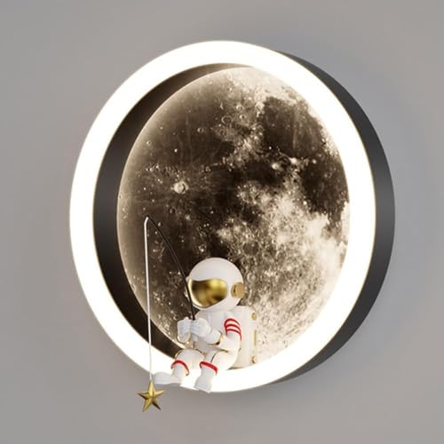 HTsilphelene Wandlampe Kinderzimmer, Indoor Astronaut Dekoration Wandleuchte Kinderzimmer, 3000K 12W Kinder Kreisförmiges Schlafzimmer Licht (A :Black)
