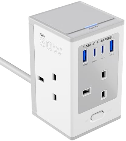 Tower Extension Lead with USB C Ports 3M Gray Cable Extender Desktop Management Electric Socket Surge Protector 750J