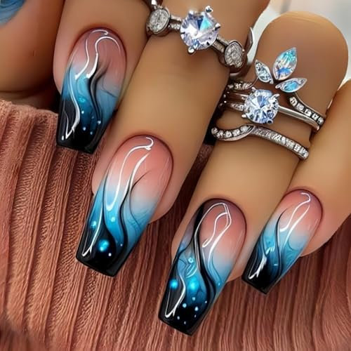 24Pcs French Tip Blue Flame Nails, Medium Length Glitter Acrylic Full Cover Coffin Nails – Ballet Coffin Press ons