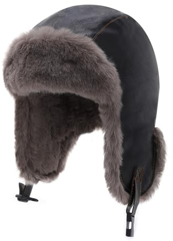 LY4U Herren Ultra Warm Kunstleder Flieger Trapper Hut mit Ohrenklappen - Unisex Winddichte Wintermütze für Extrem Kaltes Wetter Skifahren, Wandern, Radfahren