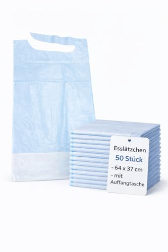 buxmed 50 Stück Einweg Esslätzchen Erwachsene 37 × 64 cm mit Krümeltasche – Lätzchen für Senioren, Latz für Erwachsene, Schlabberlatz Einweg, Kleiderschutz Pflege & Klinik