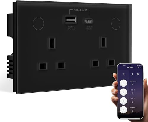 BSEED Smart WiFi Socket,2 Gang with USB and Type C Compatible with Alexa and Google Home, Metered Socket With APP Remote Control Compatible with SmartLife,16A Black