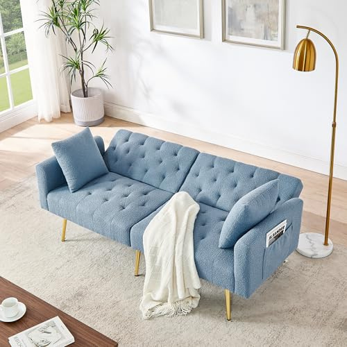 Ball & Cast Klappsofa, Mini Sofa mit Schlaffunktion, Schlafsofa Klein aus Teddy-Stoff, 3-Fach verstellbare Winkel, Ideal für Wohnungen und Wohnzimmer, Blau