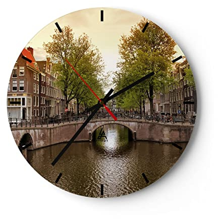 Modern Wanduhr Kanal Wasser Amsterdam Fahrrad 30x30cm Rund Klein Wand Uhr Glas Analog Zimmeruhren Küche Büro Wohnzimmer Glasuhr Wall Clock Dekoration Design Wanddekoration Küchenuhr C3AR30x30-2697