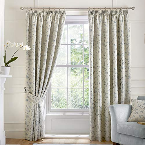 Curtina Bird Trail Jacquard Lined Pencil Pleat Curtains, Duck Egg, 90 x 90 Inch