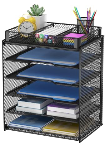 Samstar Desk File Organiser, 5 Tier Paper Organiser Letter Filing Tray File Rack Shelves, Black (with Drawer)
