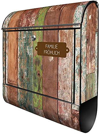 banjado® Design Briefkasten personalisiert Buntes Holz 38,5x46,5x13cm & 2 Schlüssel - Briefkasten Stahl schwarz Zeitungsfach pulverbeschichtet - Postkasten A4 Einwurf inkl. Montagematerial