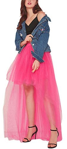 Minetom Jupe Femme Longue Taille Haute Tutu Uni Élégante Chic Stretch Irrégulier Tulle Bureau Cocktail Party Skirt Rose Vif Taille Unique