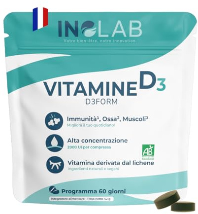 INOLAB Vitamina D3 Bio & Vegana Lichen I 2000 UI/compressa | Vitamina D alta assimilazione I Immunità Ossa Denti Muscoli