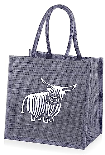 Medium Jute Grey Shopping Bag with Highland Cow Print - 30 cm high x 30 cm Wide x 23 cm Depth