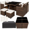 tectake® Lounge Möbel Set 4X Stühle, 4X Hocker, 1x Tisch, platzsparende Cube Aufbewahrung, Outdoor Rattan Gartenmöbel für Balkon, Garten und Terrasse, mit Abdeckung und Wechselbezügen - Schwarzbraun