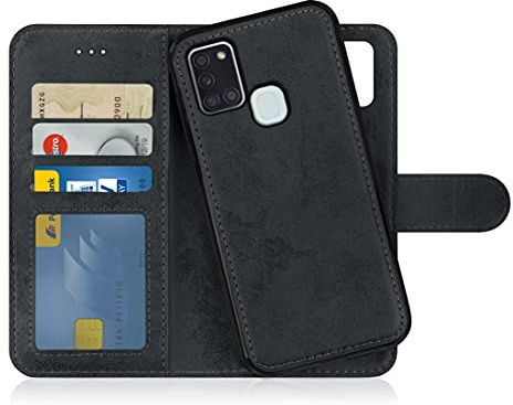 MyGadget Flip Case für Samsung Galaxy A21s - [ abnehmbare Magnet Hülle ] - Handyhülle aus Kunstleder - [ Klapphülle mit Kartenfach ] Schutzhülle in Grau Schwarz