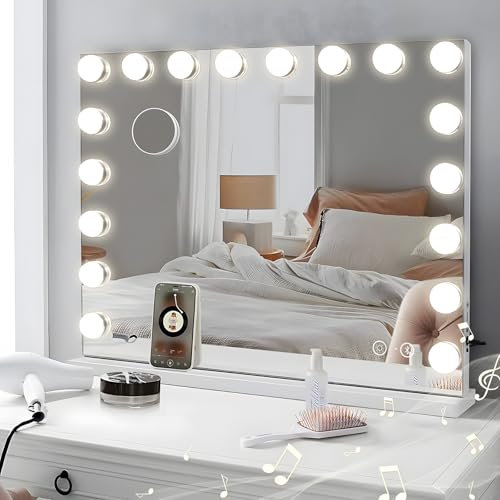 Hansong Hollywood Vanity Mirror 80x58cm Bluetooth Vanity Mirror with Lights Extra Large Lighted Makeup Mirror with 18 Dimmable LED Bulbs 3 Color Modes for Bedroom