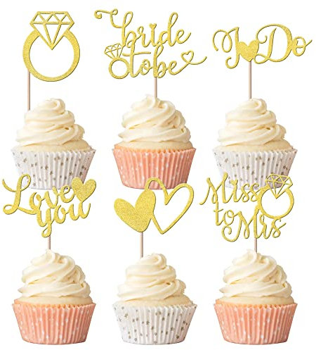 Rsstarxi 24 Pack Bride to Be Cupcake Toppers Glitter Heart Ring Miss To Mrs Love You I Do Bridal Shower Cupcake Picks for Wedding Engagement Bachelorette Cake Decorations Supplies Gold